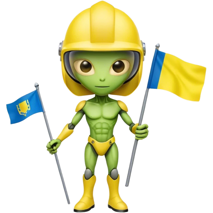 Green alien in helmet, with Ukraine flag in a hand emoji