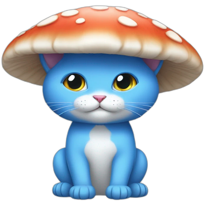  Cute Blue Cat without ears wearing a mushroom cap carrying a stock emoji
