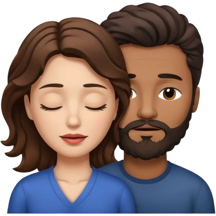 White woman (brown hair with eyes closed) and brown man with black wavy hair (has a a beard with his eyes closed too). The woman has her lips on the forehead of the man. emoji