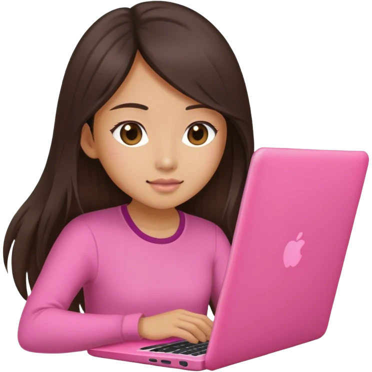 Long hair Brunette Asian girl working pink laptop emoji