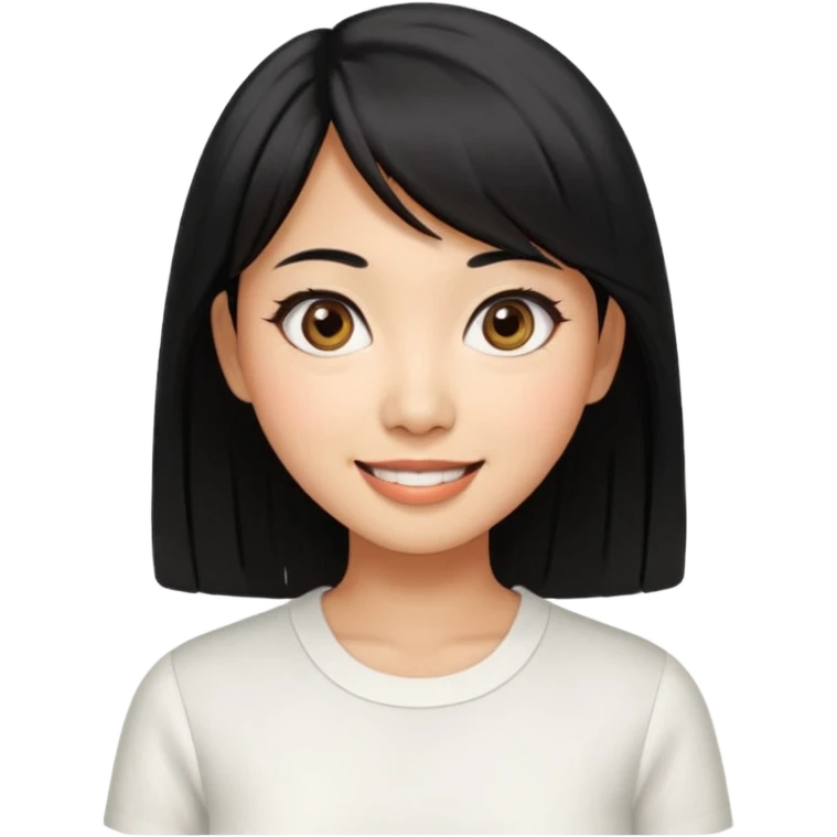 30 yr old asian woman center parted hair big eyes big smile tanned skin straight black hair hippie part hair white blouse shoulder length hair middle parted hair few short bangs at front trendy hair emoji