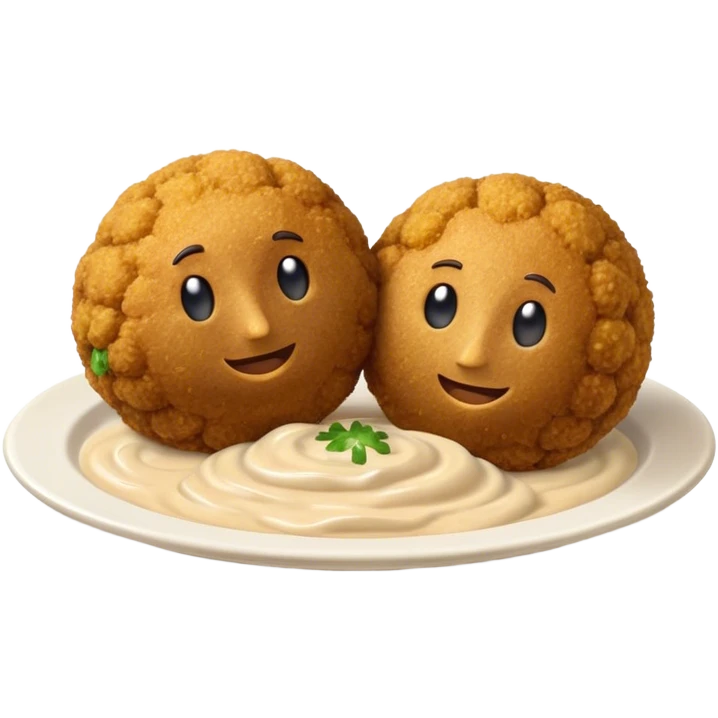 Cinematic Realistic Falafel Dish Emoji, depicted as crispy, golden falafel balls served with tahini sauce rendered with lifelike textures and vibrant, appetizing lighting. emoji