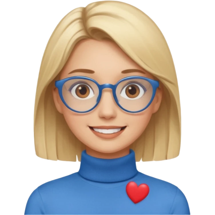 Asthectic pretty Blonde women brown eyes, blue glasses, wearing a brown polo neck shirt and smiling with hearts around her. emoji