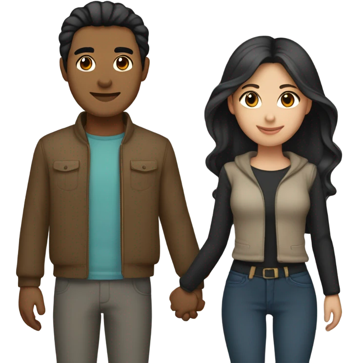a couple holding hands. the guy has black middle part hair and is Persian and Filipino mix, wearing a jacket. the girl has brown hair white and asian mix, wearing a crop top. emoji