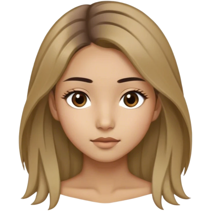 A thin girl with Mongolian roots, shoulder-length dark blonde hair with light strands framing her face, large slightly slanted dark brown eyes, olive skin, and medium-width light brown eyebrows emoji