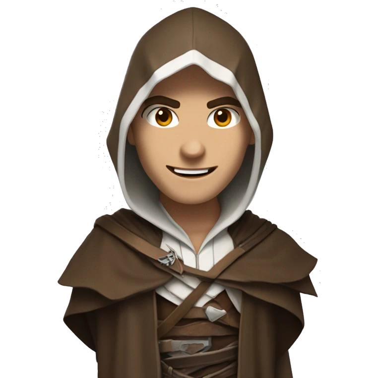 Assassin creed, white skin, smiling, brown robe, eyes not visible under the hood emoji