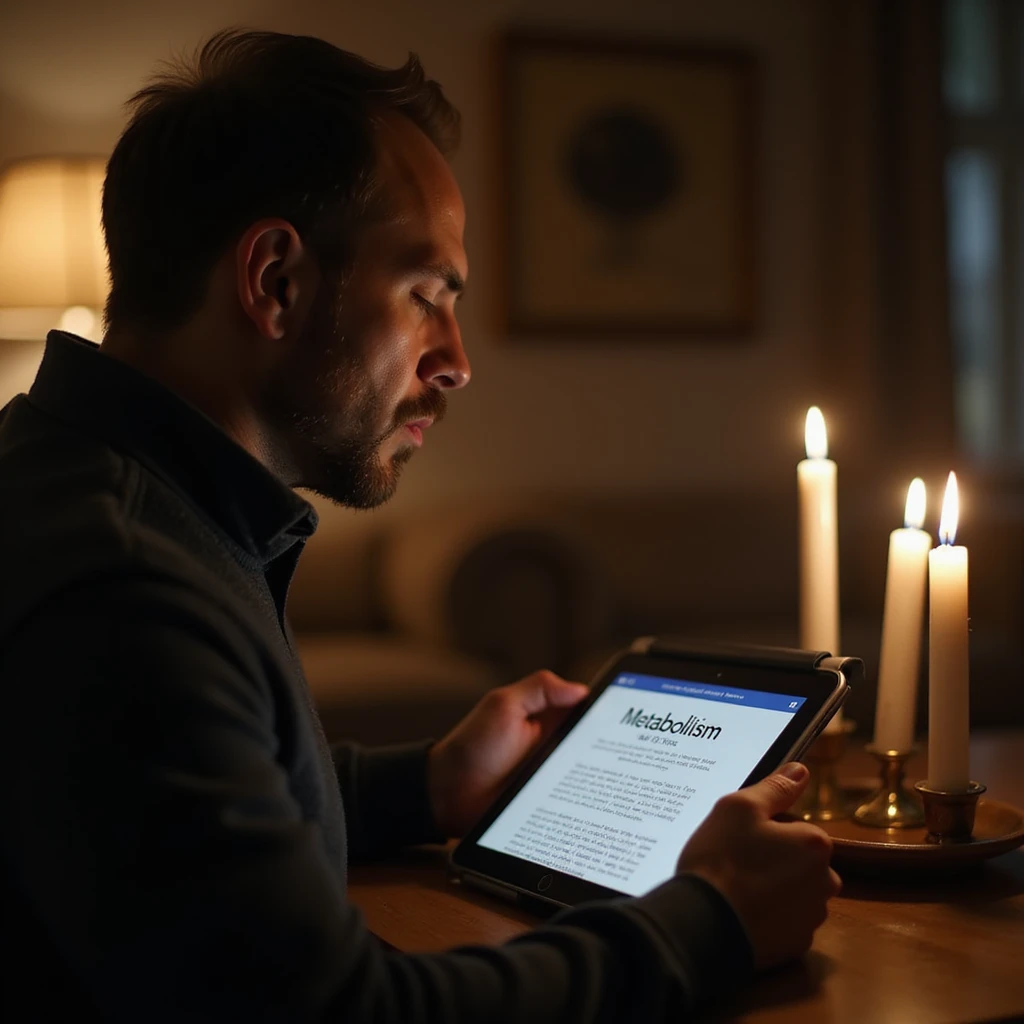 hyperrealistic 4K scene of a man blowing out candles and looking thoughtfully at a tablet showing an article titled 'Metabolism after 30 years', home environment emoji