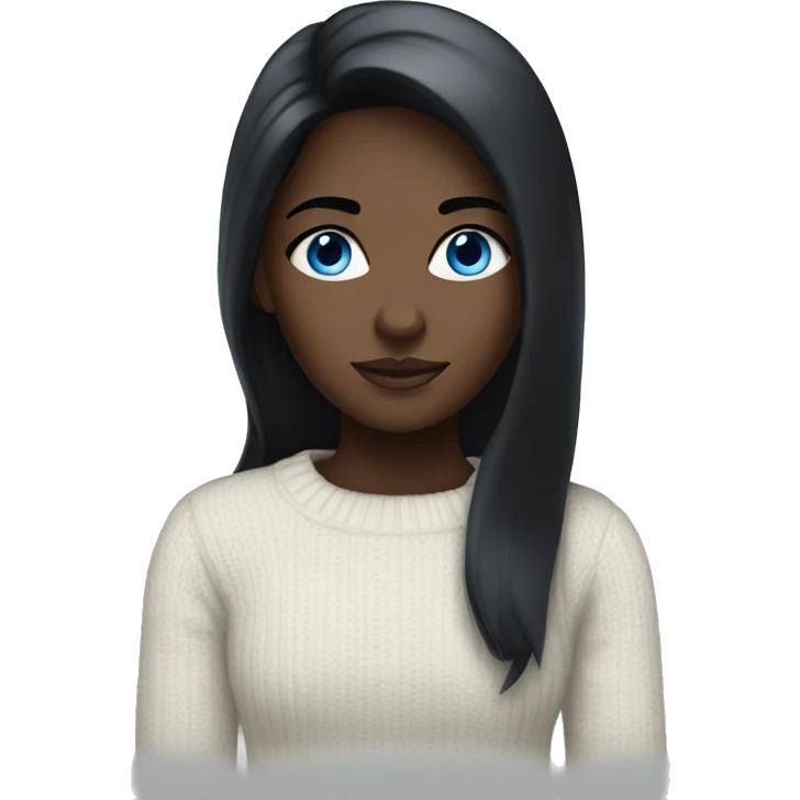 the girl is dark-skinned with long black straight hair with blue eyes in a white sweater emoji