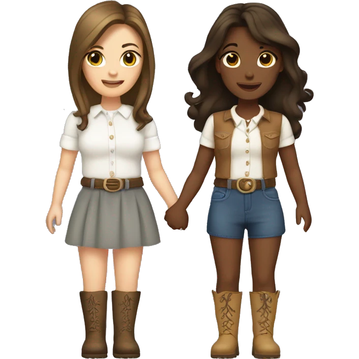 two brunette sisters both white, one with long hair, one with short hair. They are holding hands in cute mini dresses and cowboy boots emoji