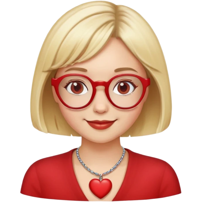 white girl head with short blonde bob hair, red round glasses, heart necklace, smiling emoji