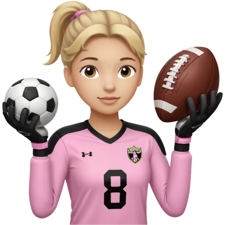 Make a dirty blonde football goalkeeper with goalkeeper gloves on holding a regular  The girl is light skinned and wearing a light pink football. Wearing a ponytail with the dirty blonde. Make it without the whole body. With full sleeves. WITHOUT A RUGBY BALL JUST REGULAR BLACK AND WHITE BALL emoji