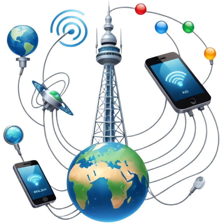 An icon featuring a communication tower with signal waves, satellites in orbit, and fiber optic cables. The design includes a smartphone, message bubbles, and a globe with connection lines, symbolizing global communication networks. Transparent background  emoji