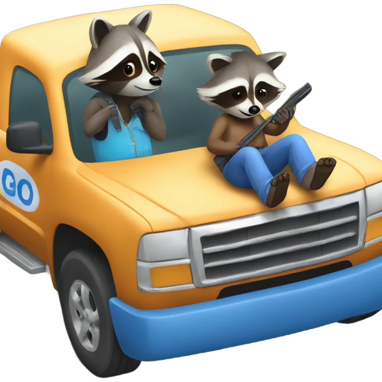 Raccoon driving blue pickup truck with girlfriend raccoon  emoji