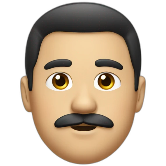 Fat, young, eye black, hair black, thin mustache think, emoji