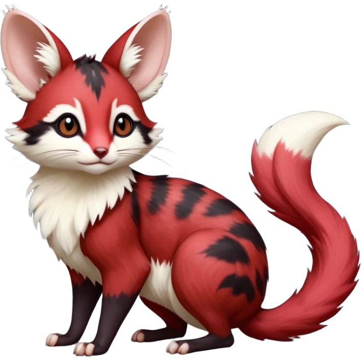 Blood-Red, black-pointed, soft natural realistic romantic vintage antique divine beautiful elegant pretty precious cute young youthful  Fakémon-Pokémon-opossum-feline-mouse-serval-caracal-chinchilla-Minccino-Cinccino-Meowstic-rodent-hybrid-creature with a big fluffy bushy tail (full body) emoji