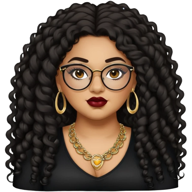 teen big plus size, latina, darker tan skin, gold jewelry, long black curly hair, baddie,pretty, makeup, dark red lipgloss, black eyeliner, long hair, black top, black glasses emoji