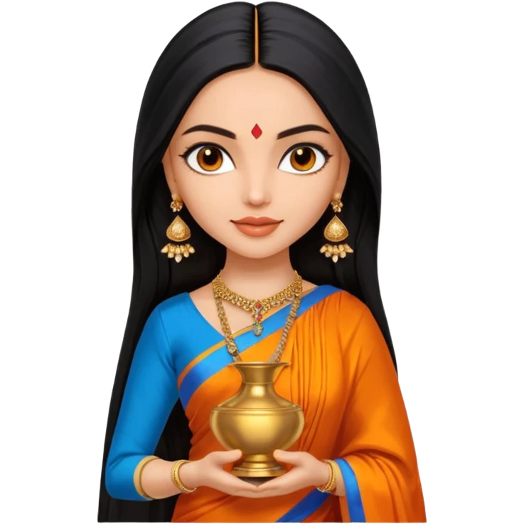 generate a pretty bratz Deepika Padukone with long black hair middle parted.
Wearing an orange saree with a blue blouse, golden jhumkas
SHe shoudl look like deepika padukone. dark brown eyes and carrying an urn emoji