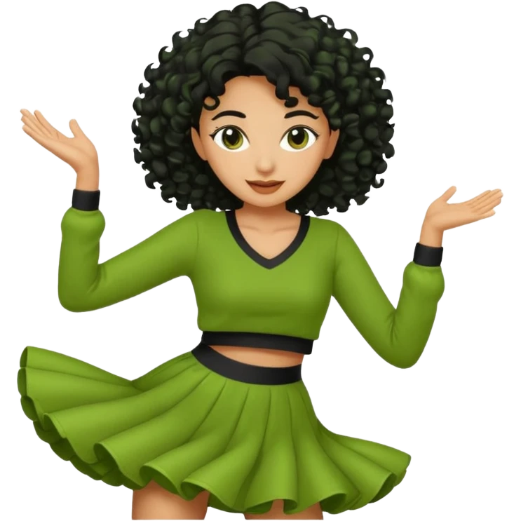 a woman with olive skin tone and curly black hair wearing green and dancing emoji
