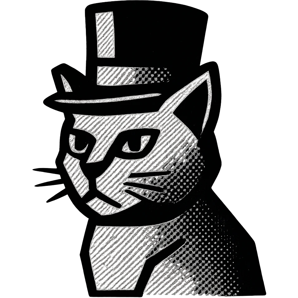 black and white illustration of a cat wearing a top hat, minimal shading, bold outlines emoji