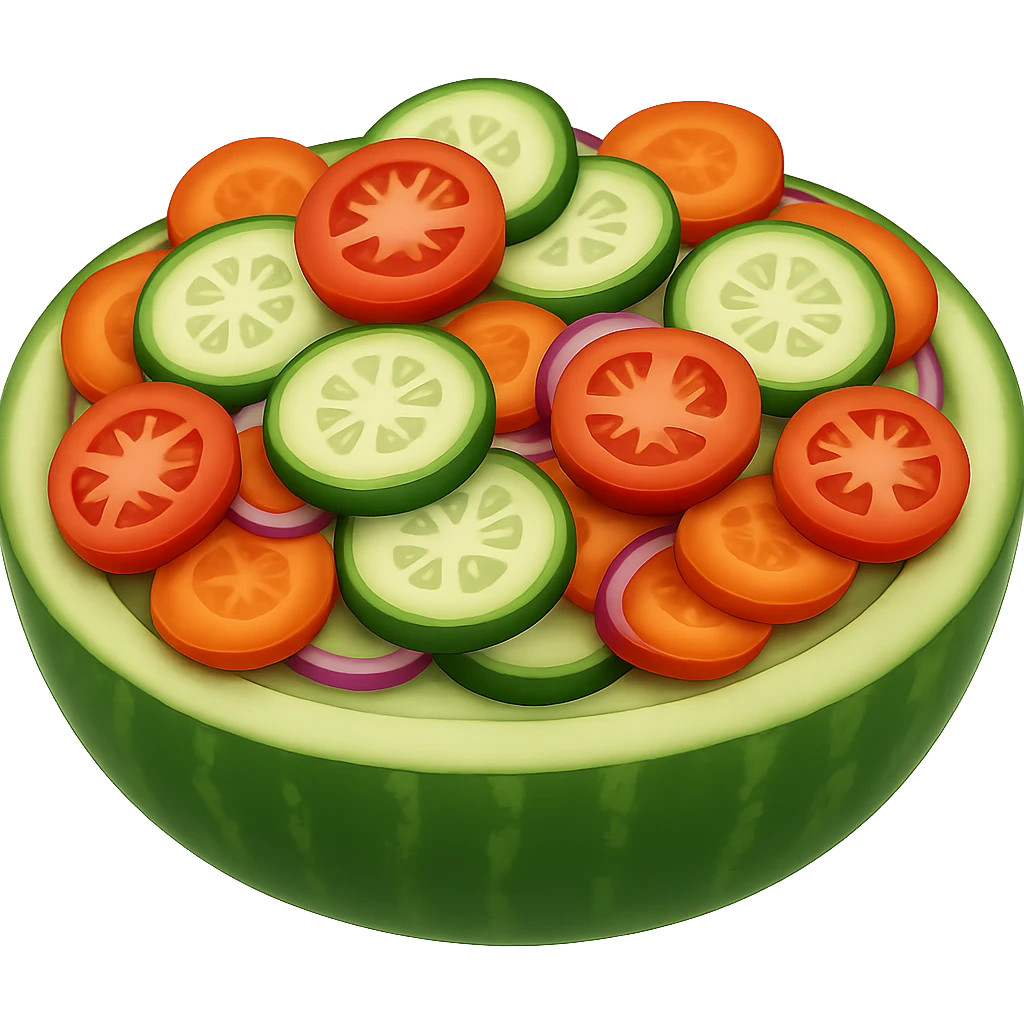 Add cut carrot slices to the cucumber salad with tomato and onion. The style should resemble emoji style with no background. emoji
