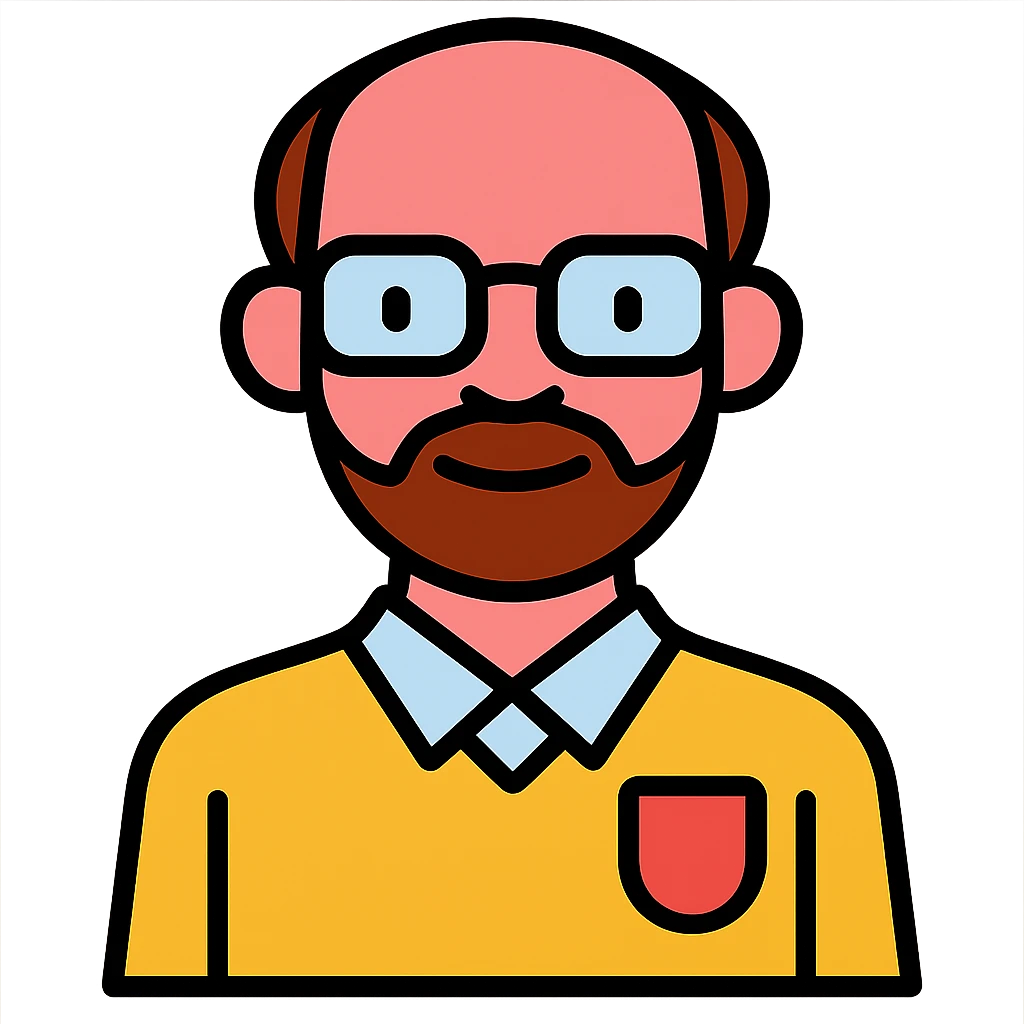 Make the skin much rosier while maintaining the original style of the professor with very short hair, receding hairline, thin beard, and glasses. Remove the background to make it transparent. emoji