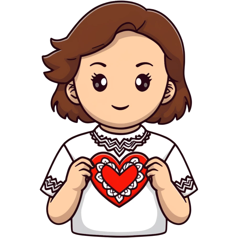 Beautiful young girl with brown hair in a white Ukrainian embroidered shirt holding a large embroidered heart emoji