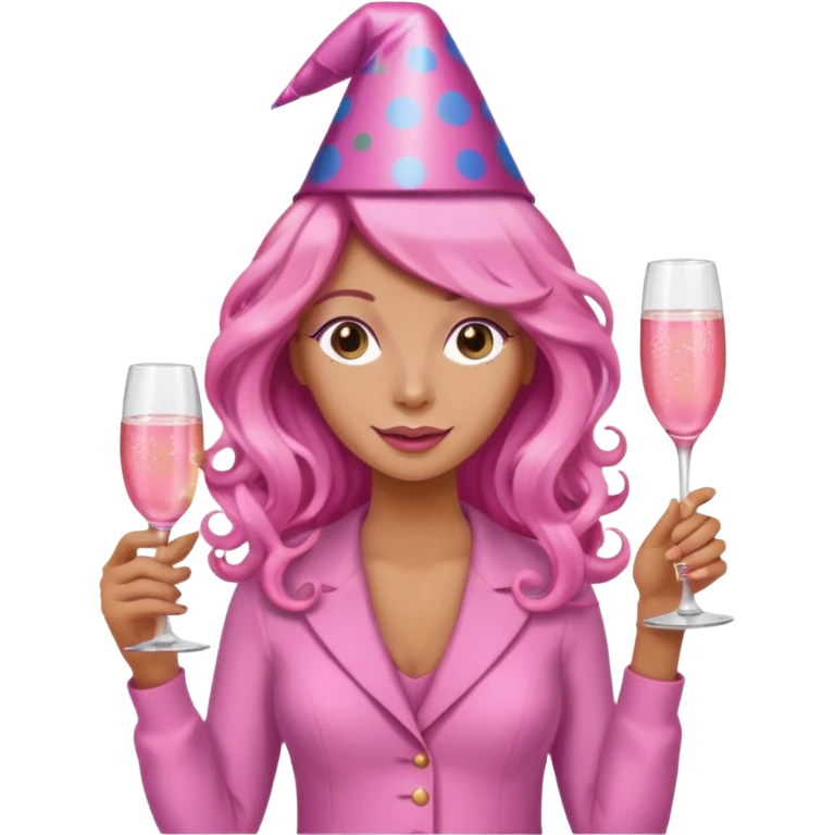 One lady with long pink curled hair and tan skin holding a glass of  pink champagne in each hand emoji
