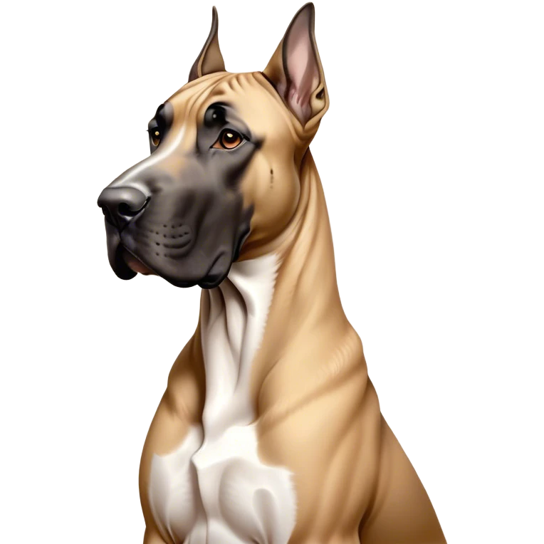 Cinematic Noble Fawn Great Dane Portrait Emoji, Poised and regal, with a towering, muscular build and a sleek, well-groomed solid fawn Fur accented by subtle dark markings, deep-set soulful amber eyes, Simplified yet sharp and sophisticated features, highly detailed, glowing with a soft, dignified glow, high shine, intelligent and gentle, stylized with an air of majesty, focused and attentive, soft glowing outline, capturing the essence of a watchful and confident guardian, so majestic it feels as though it could stride out of the screen with effortless authority! emoji
