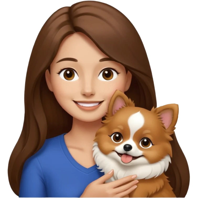 Create a high-quality emoji illustration of a woman with long brown hair, smiling, holding a small Pomeranian dog. The dog’s face is mostly black with a white line centered from the nose to the mouth. Minimalist emoji style, smooth lines, bright but natural colors.” emoji