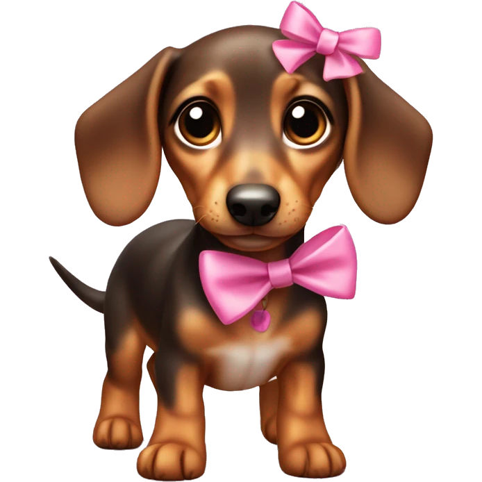 A mini dashund puppy with pink bows in its ear and big eyes and small legs  emoji