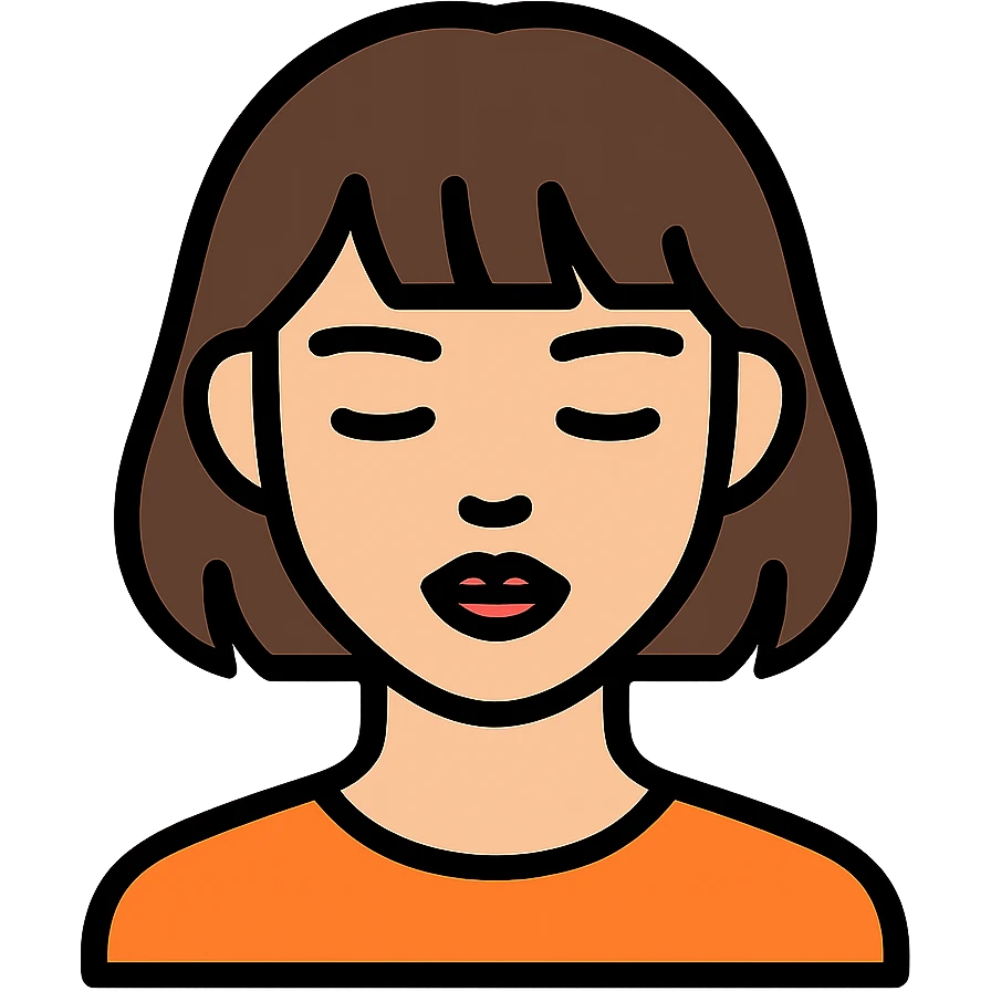 A young Asian woman with short, dark brown hair with bangs, neutral facial expression, closed eyes, vibrant red lips, light beige skin tone, close-up portrait, plain white background, cartoon-like and stylized, bright and saturated colors, even and flat lighting, neutral atmosphere, color outline style. emoji