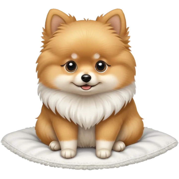 Pomeranian on top of a folded white fluffy blanket emoji