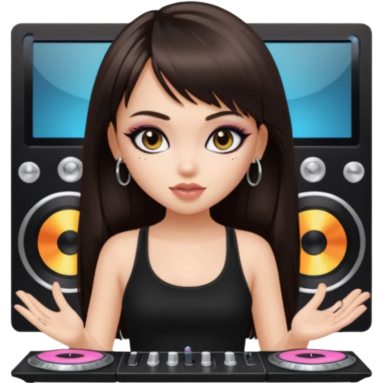 generate a pretty bratz girl in black cami top, dark brown straight long hair with bangs, eyeliner on, djing, fair emoji
