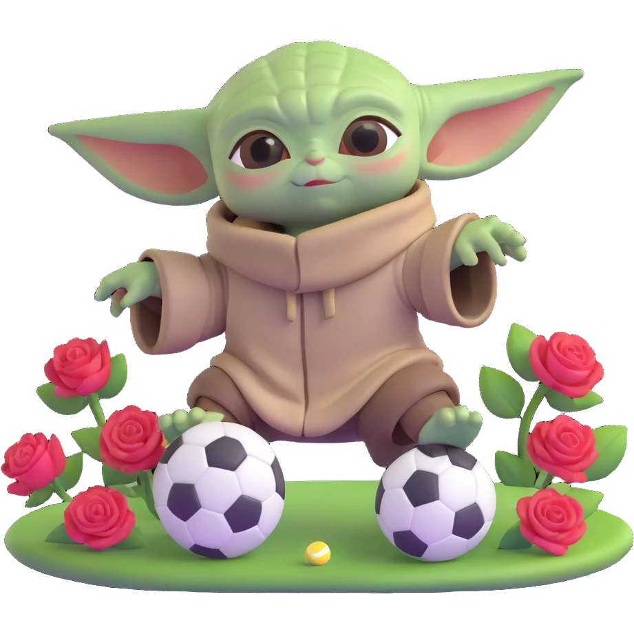 baby Yoda kicking a soccer ball with small roses beside him emoji