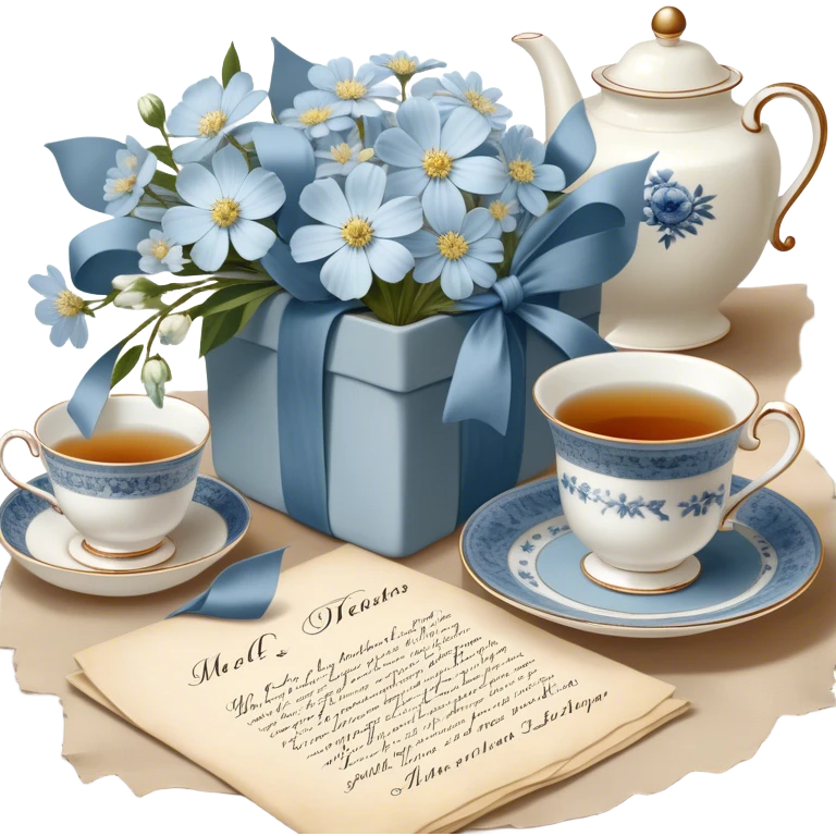 A timeless arrangement of a dusty blue silk ribbon loosely wrapped around a bundle of aged letters, with pressed white flowers and a porcelain tea set in the background.
 emoji