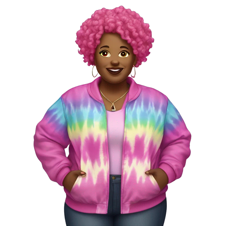 Plus size black woman with pink curly hair and a tie dye jacket  emoji
