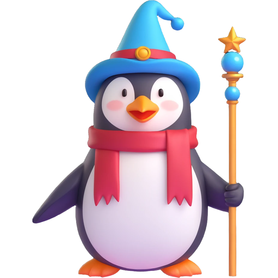 A penguin wizard with a magical staff and a pointy hat emoji