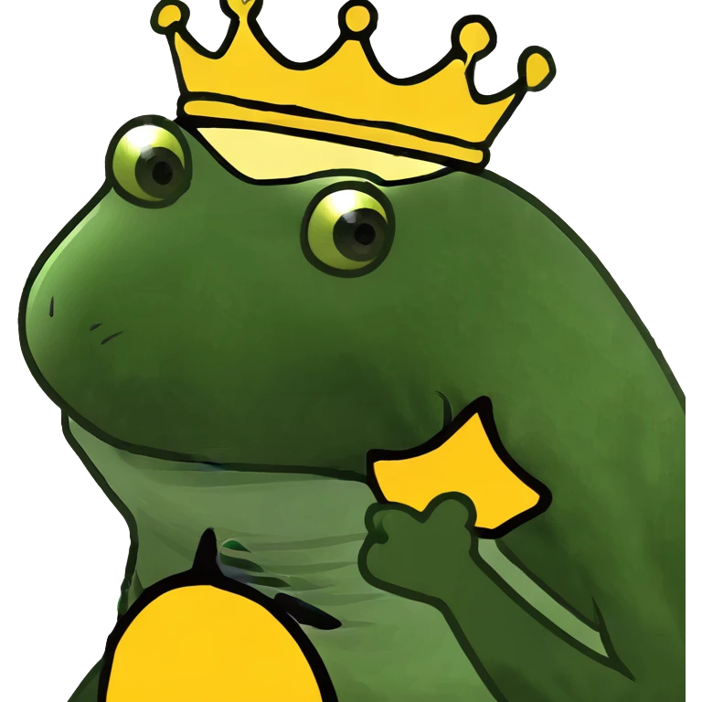 frog meme as a king wearing a golden crown surrounded by a glowing aura emoji