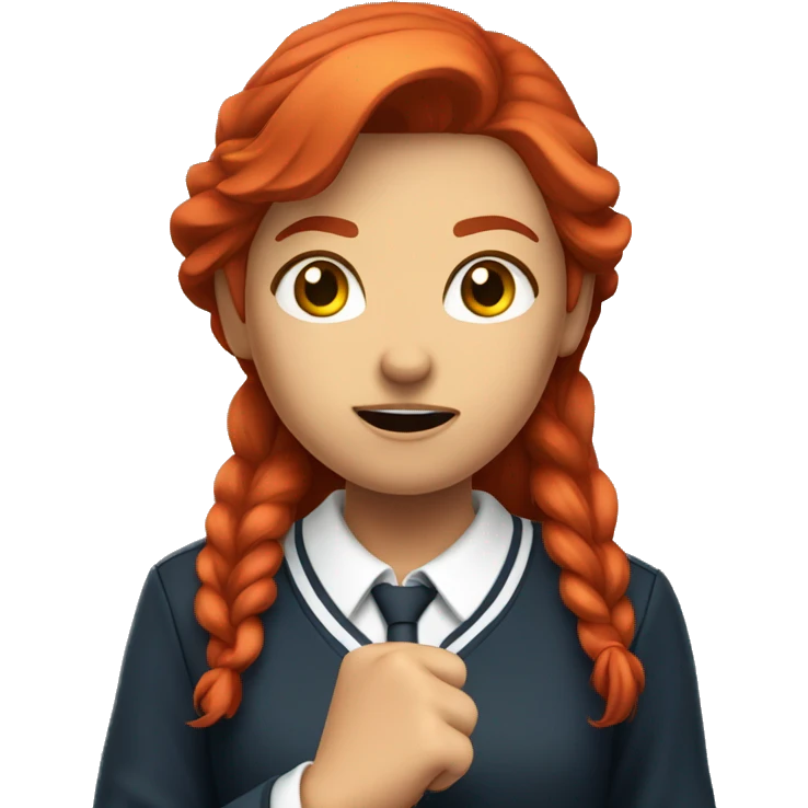 "A girl with red hair in a school uniform, angrily standing with her fist raised in a classroom." emoji