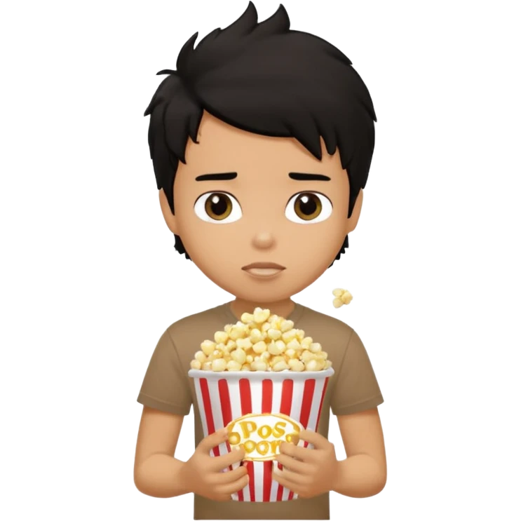 generate a pretty tan bratz boy with a brown tshirt on. eating a popcorn. messy black hair emoji