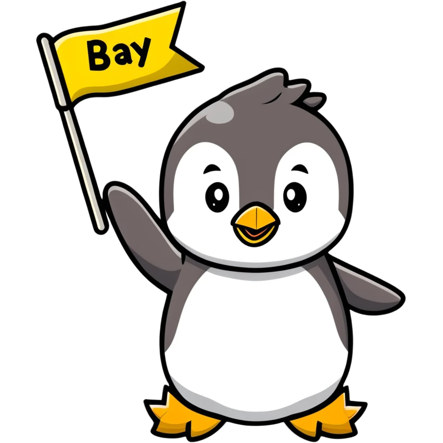 smiling penguin holding 'Happy B-Day' banner emoji