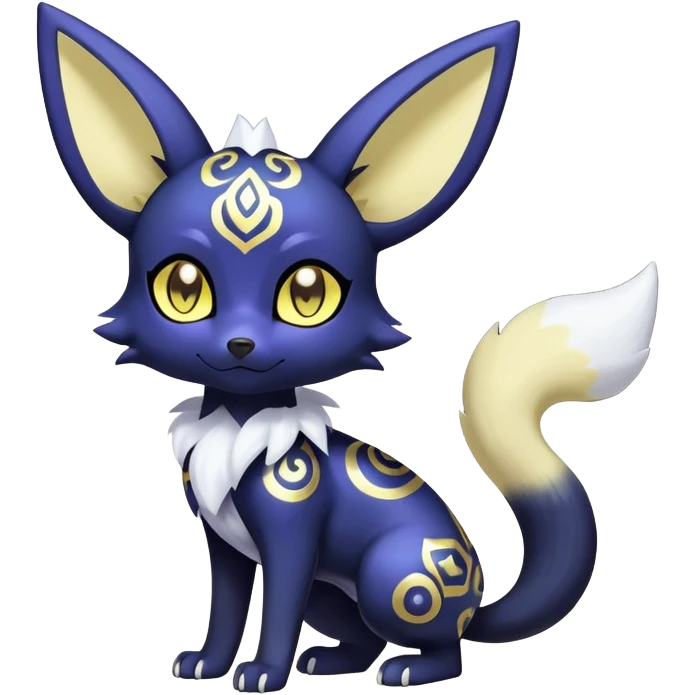 Shiny mExotic Colorfulj Excessive Mysterious Gothic Meowstic-Umbreon-Poochyena-Pokémon-Fakémon-hybrid-creature (full body) with pattern-markings with golden eyes emoji