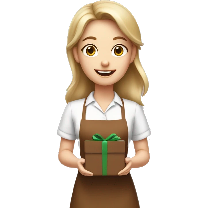 white girl in brown apron with gift box emoji