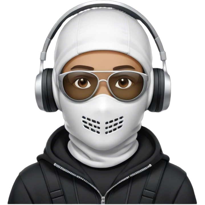 Futuristic special forces soldier wearing a white full-face balaclava, black wraparound sunglasses (only one pair of glasses), and a high-tech military headset with a microphone. Dressed in a dark hoodie. emoji