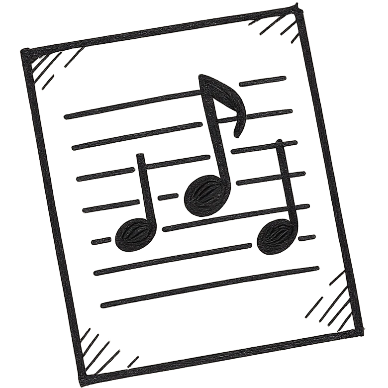 Sheet music icon, hand drawn, black outlines, no fill, simple and clean, angled view emoji