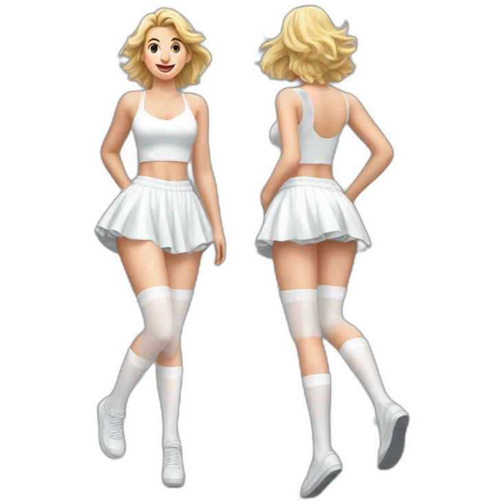 Hyperrealistic Full body Caucasian curvy beauty jumping short white skirt back and front views strong wind knickers long white socks emoji
