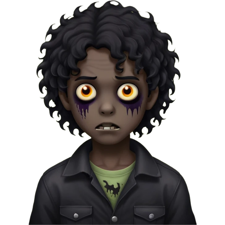 Boy, zombie, black curly wavy hair, medium long, round shaped hair, emo, dark, spooky, creepy expression emoji