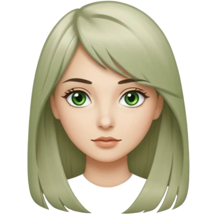 женщина с зелёными глазами, красивыми бровями, серо-бежевыми длинными волосами, подстриженных каскадом, с асимметричным пробором, прямой чёлкой emoji
