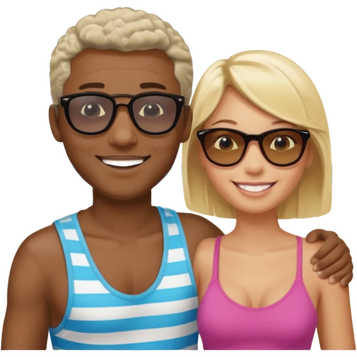 Black man with short salt n pepper hair with younger blonde  both smiling on beach   emoji