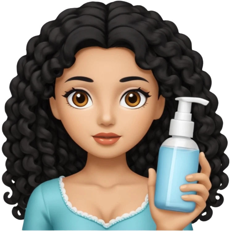 Uma boneca morena com olhos castanhos e cabelo cacheado longo preto, fazendo skin care emoji